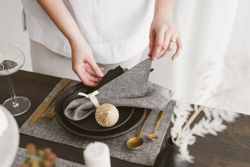 Natural linen napkins and placemats for  coziness and warm gatherings. 