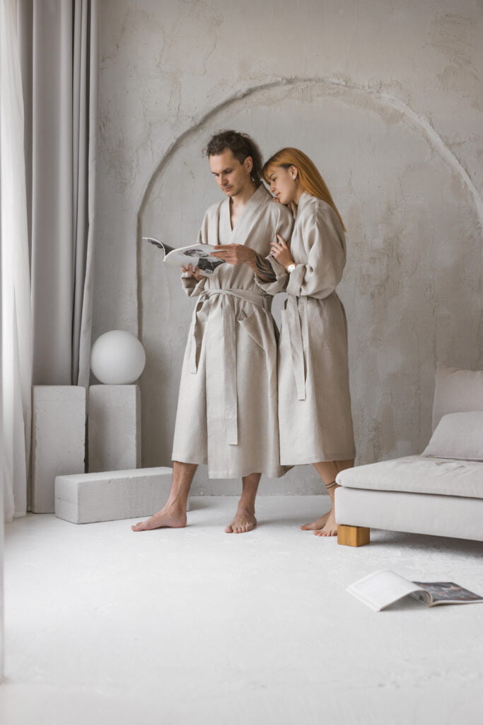 Eco-friendly waffle linen bathrobe in natural color, breathable and lightweight for men and women.
