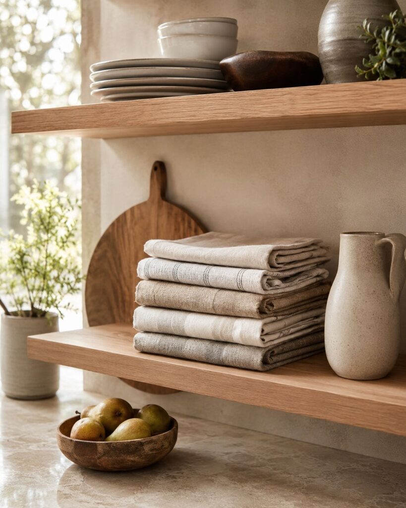 How to Use Linen Tea Towels Add Texture to Open Shelving